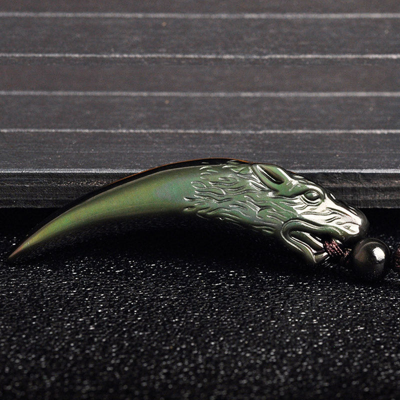 Wear FengShui Natural Black Obsidian Ice Obsidian Rainbow Obsidian Wolf Tooth Pattern Strength Necklace Pendant