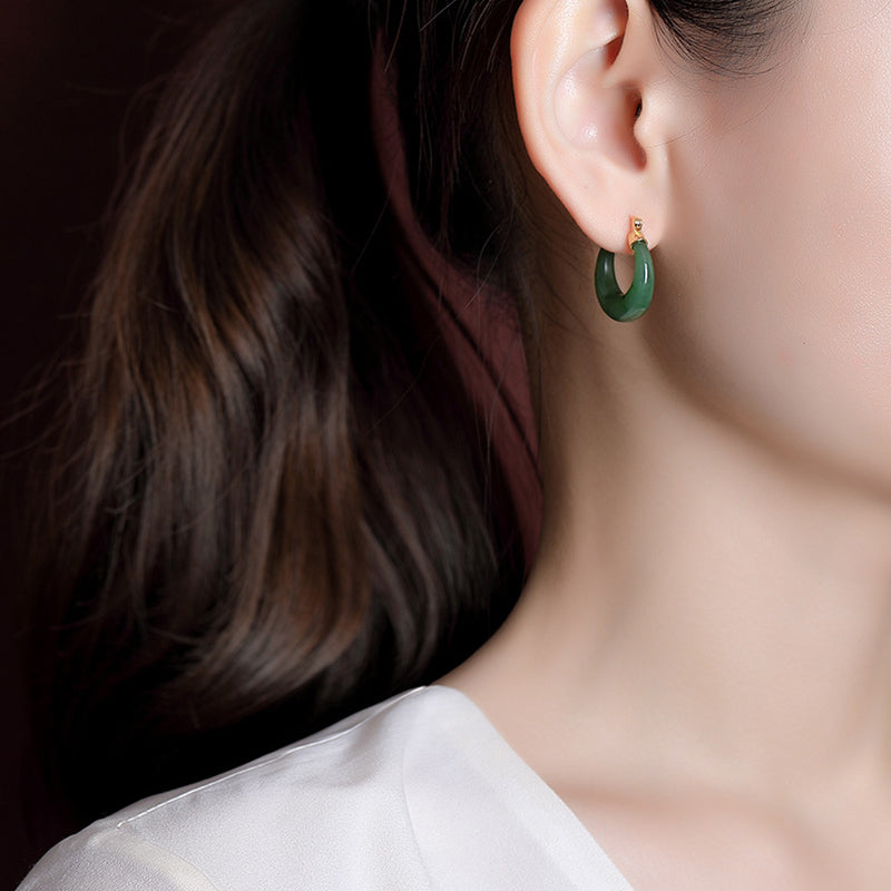 Wear FengShui 925 Sterling Silver Plated Gold Natural Round Hetian Cyan Jade Luck Drop Earrings