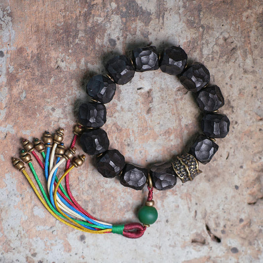 Wear FengShui Tibet Ebony Wood Copper Peace Tassel Wrist Mala Bracelet