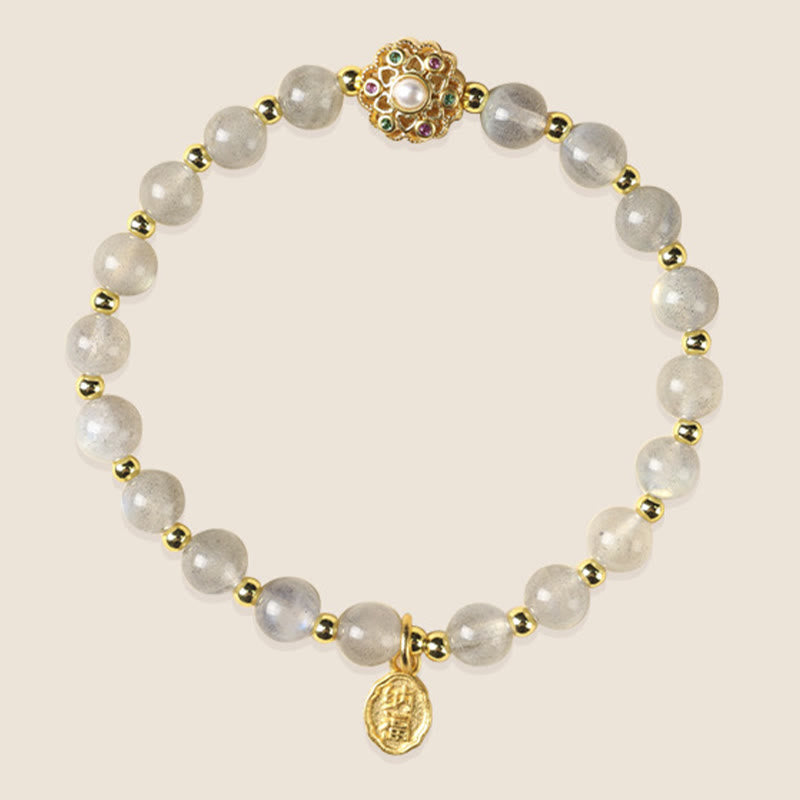 Wear FengShui 14K Gold Plated Natural Strawberry Quartz Labradorite Sun Stone Fu Character Positive Charm Bracelet