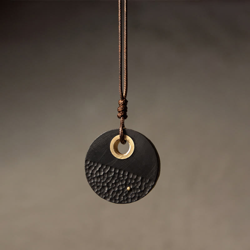 Wear FengShui Handcrafted Round Ebony Wood Brass Copper Peace Necklace Pendant
