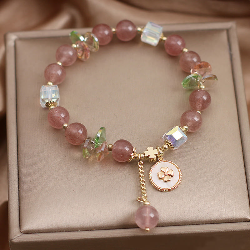 Wear FengShui Strawberry Quartz Lucky Four Leaf Clover Healing Charm Bracelet