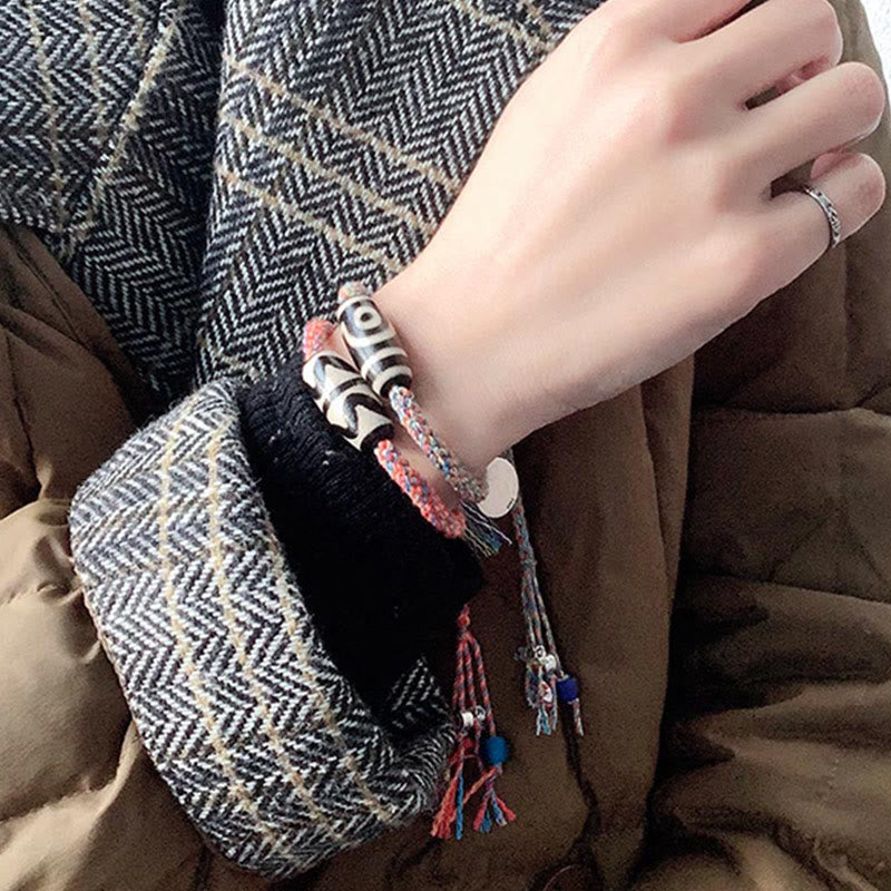 Wear FengShui Tibetan 925 Sterling Silver Om Mani Padme Hum Handmade Dzi Bead Protection Braid Bracelet