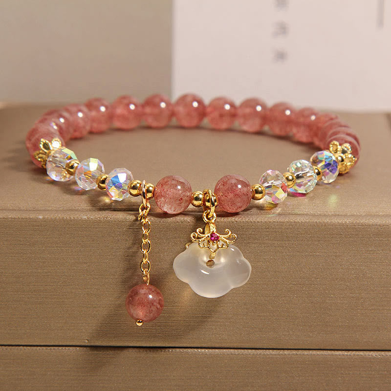Wear FengShui Natural Strawberry Quartz Crystal White Agate Auspicious Cloud Healing Bracelet