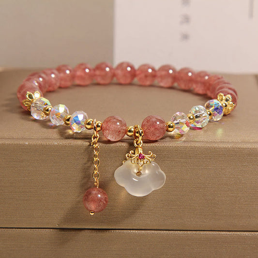 Wear FengShui Natural Strawberry Quartz Crystal White Agate Auspicious Cloud Healing Bracelet