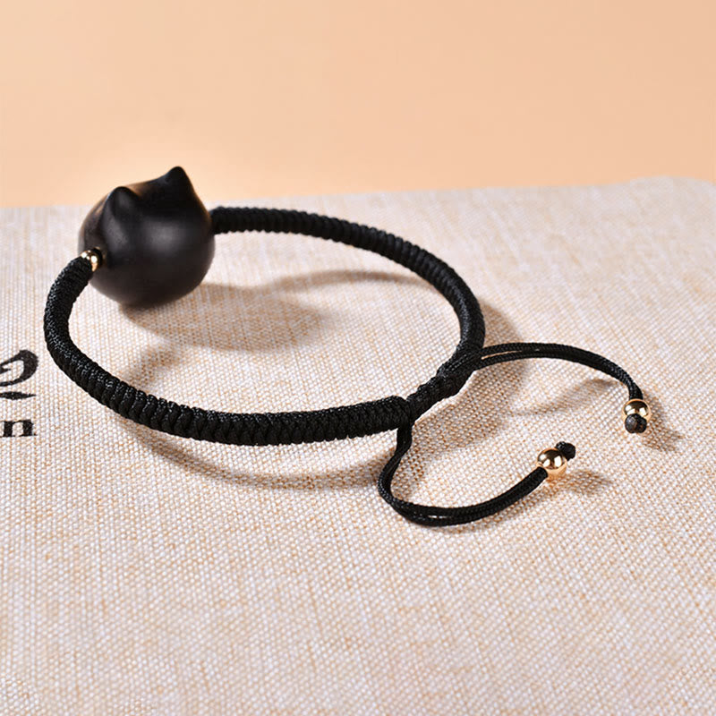 Wear FengShui Ebony Wood Cat Head Pattern Peace King Kong Knot Braided Bracelet