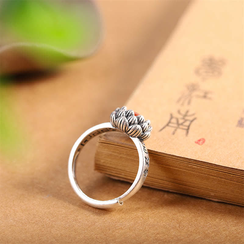 Wear FengShui925 Sterling Silver Lotus Red Agate Confidence Blessing Ring