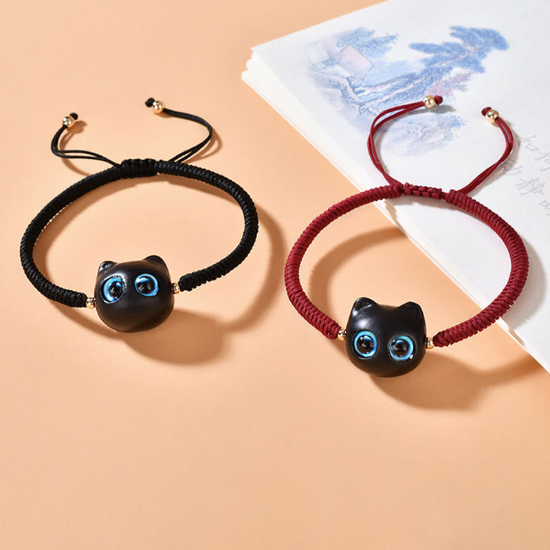Wear FengShui Ebony Wood Cat Head Pattern Peace King Kong Knot Braided Bracelet
