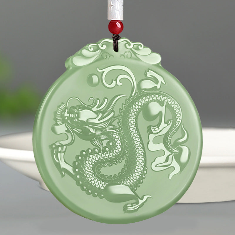 Wear FengShui Chinese Zodiac Dragon Jade Luck Necklace String Pendant