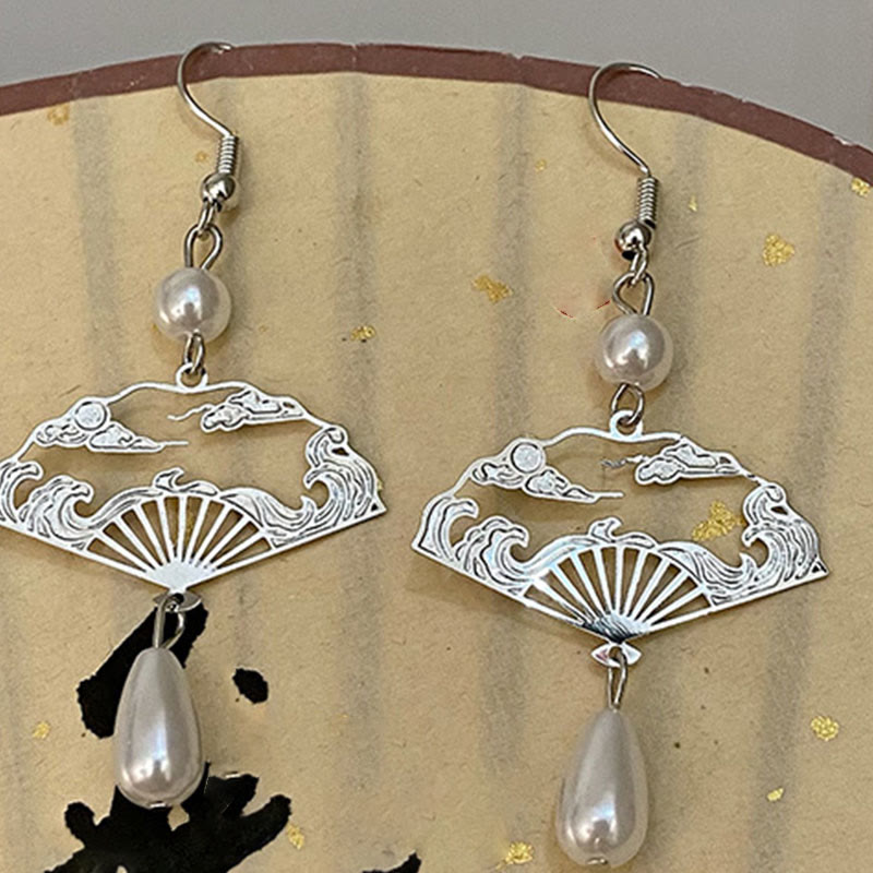 Wear FengShui Copper Fan Auspicious Clouds Pearl Healing Drop Earrings