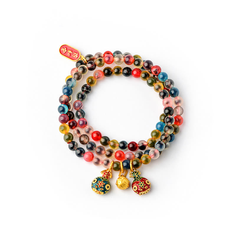 Wear FengShui Colorful Candy Agate Gold Swallowing Beast Family Strength Charm Triple Wrap Bracelet