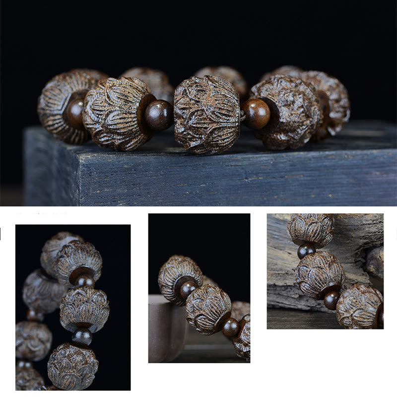 Wear FengShui Ebony Wood Eighteen Arhats Lotus Dragon Engraved Balance Bracelet