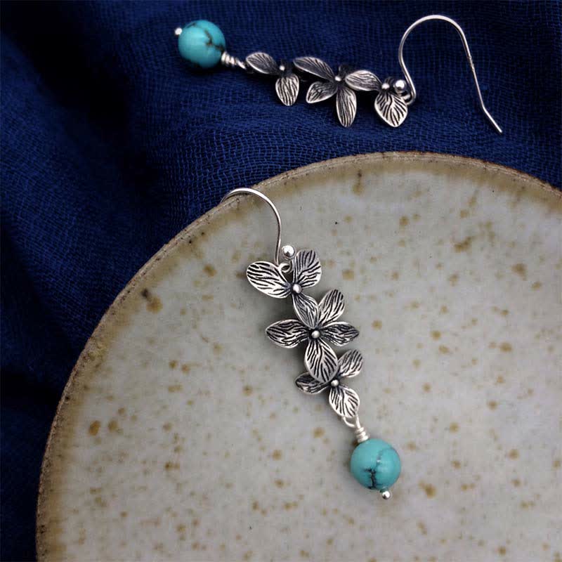 Wear FengShui 925 Sterling Silver Turquoise Lazurite Flower Leaf Serenity Protection Hook Drop Dangle Earrings