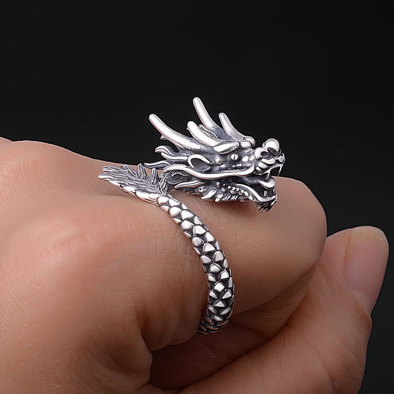 Wear FengShui 990 Sterling Silver Vintage Dragon Design Luck Protection Strength Adjustable Ring