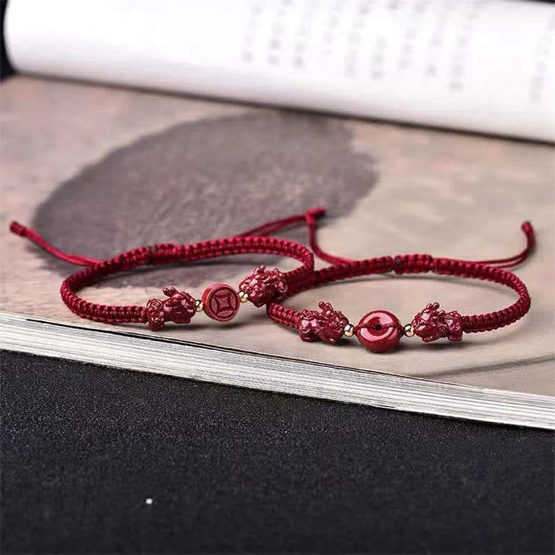 Wear FengShui Cinnabar PiXiu Blessing Copper Coin Peace Buckle Red String Bracelet