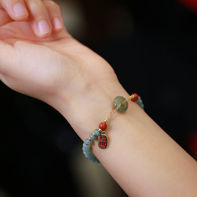 Wear FengShui Natural Hetian Jade Red Agate Peace Buckle Lucky Fortune Bracelet