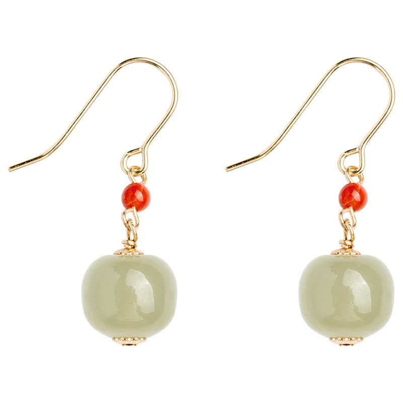 Wear FengShui 925 Sterling Silver Plated 14k Gold Hetian Jade Red Agate Luck Drop Dangle Earrings