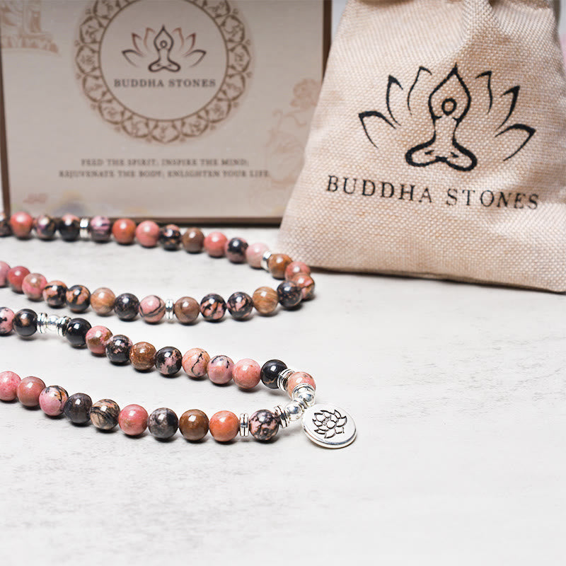 Wear FengShui 108 Mala Beads Rhodonite Lotus Compassion Energy Bracelet
