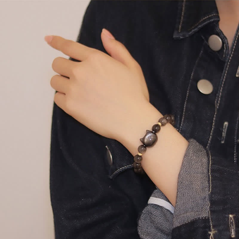 Wear FengShui Gold Sheen Obsidian Silver Sheen Obsidian Lovely Paw Lucky Cat Protection Bracelet