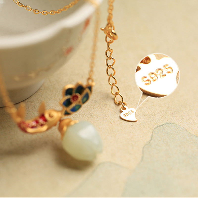 Wear FengShui White Jade Koi Fish Lotus Copper Protection Necklace Pendant