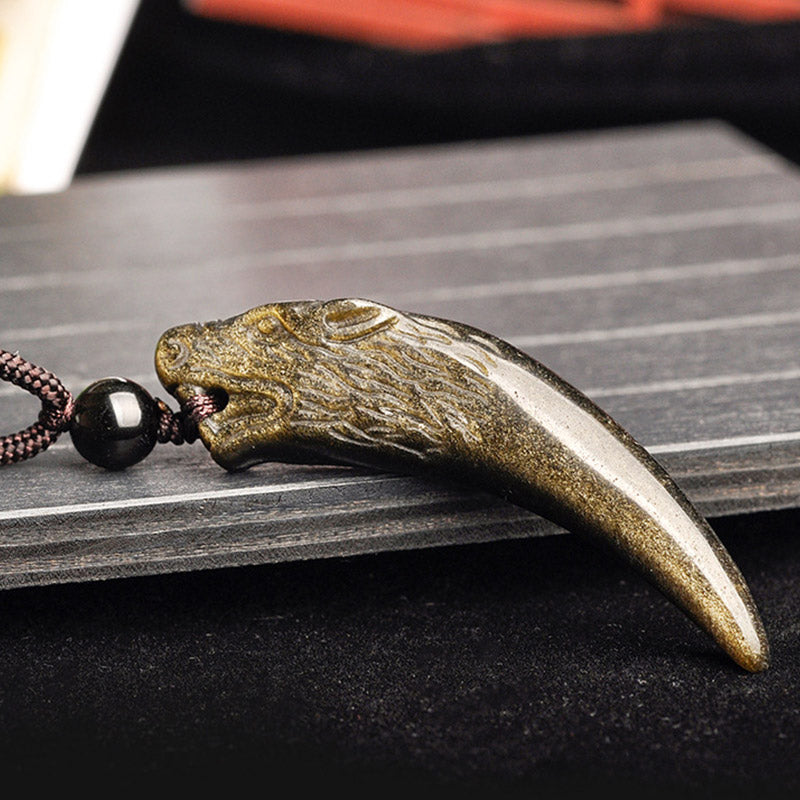 Wear FengShui Natural Black Obsidian Ice Obsidian Rainbow Obsidian Wolf Tooth Pattern Strength Necklace Pendant