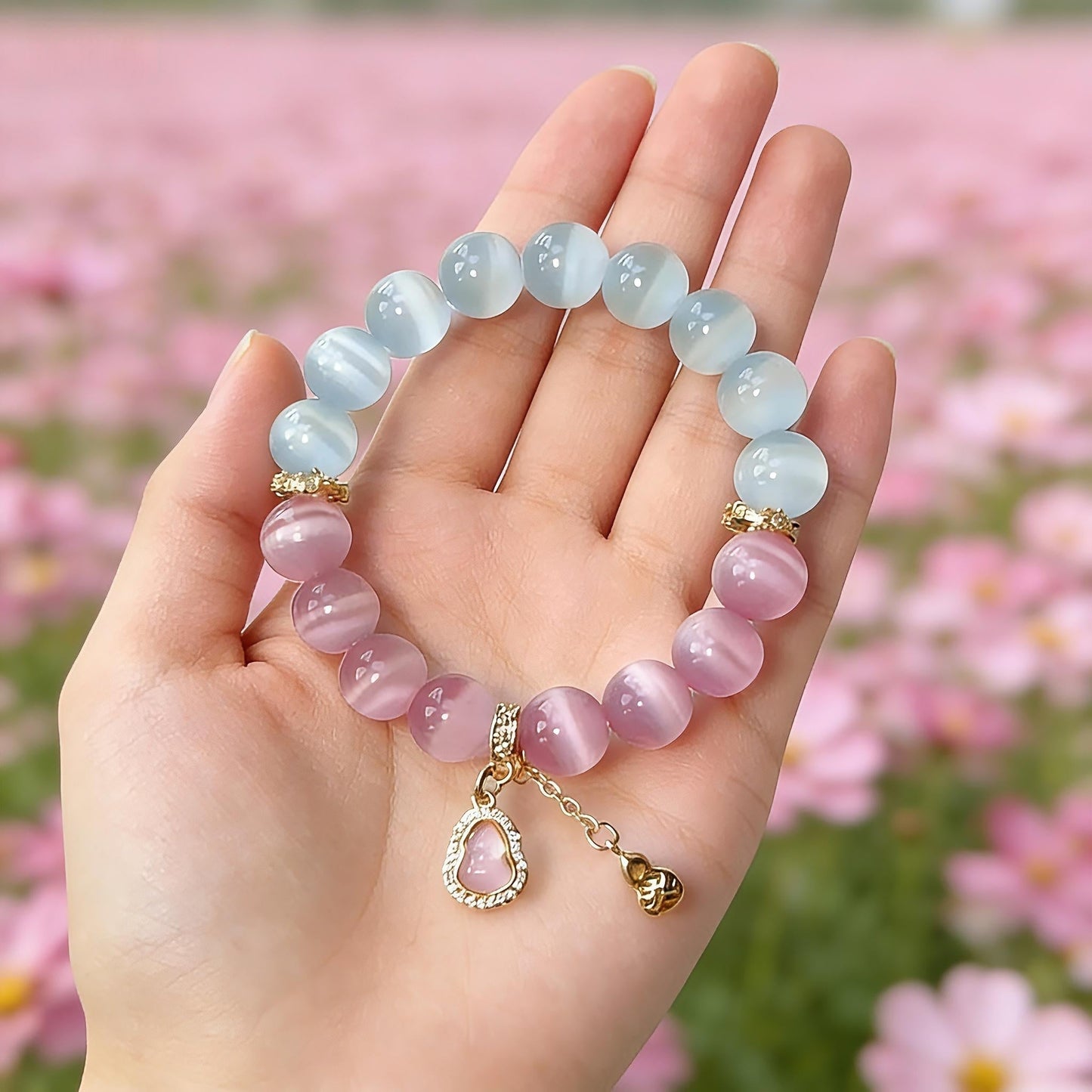 White & Pink Cat Eye Crystal Bracelet with Gourd Charm – Personalized Handmade Energy Beads