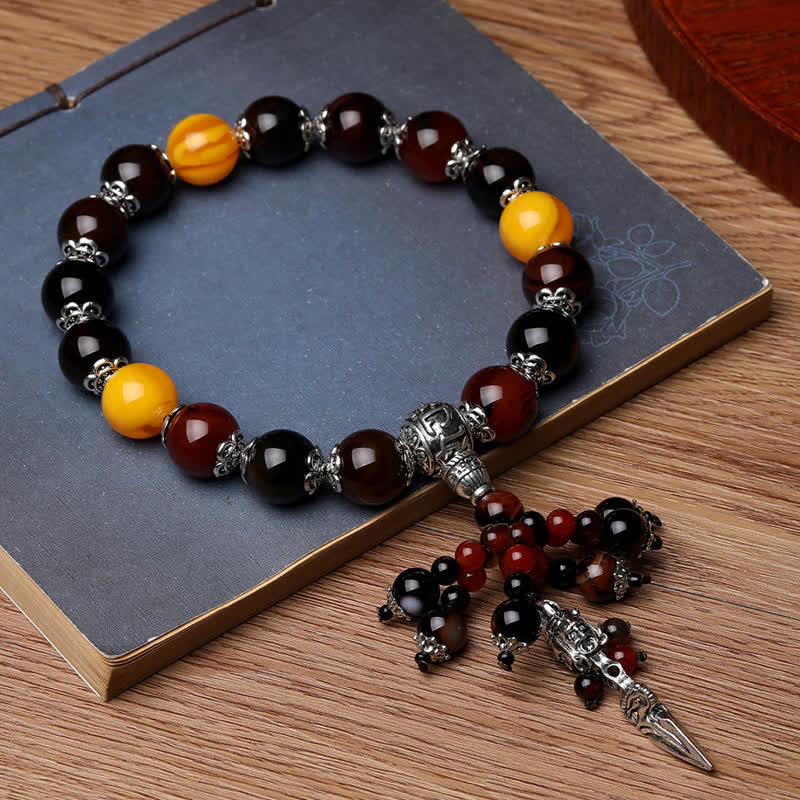 Wear FengShui Natural Tiger Eye Red Agate Dragon Vein Agate Stone Vajra Dorje Power Healing Bracelet Car Decoration