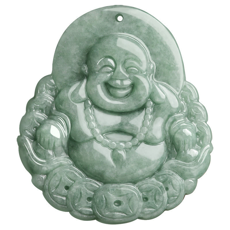 Wear FengShui Laughing Buddha Natural Jade Copper Coin Abundance Necklace Pendant