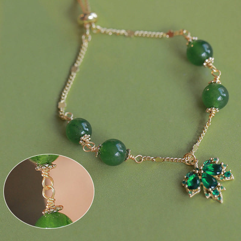 Wear FengShui 14k Gold Plated Green Chalcedony Maple Leaf Courage Strength Bracelet
