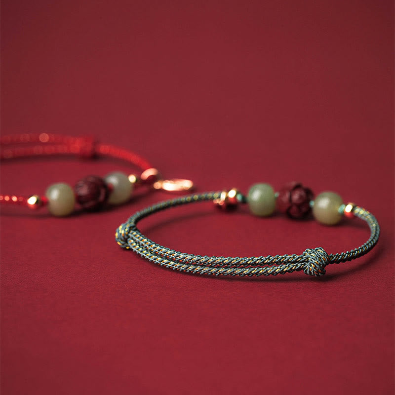 Wear FengShui 14K Gold Plated Hetian Jade Cinnabar Lotus Luck Handcrafted Rope Bracelet