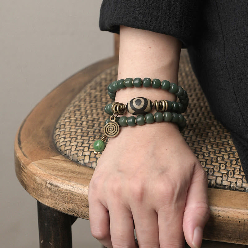 Wear FengShui Cyan Bodhi Seed Dzi Bead Wisdom Peace Triple Wrap Bracelet