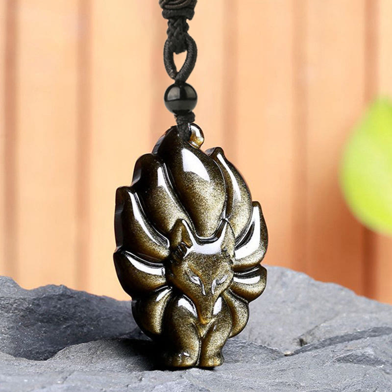 Wear FengShui Natural Fluorite Gold Sheen Obsidian Fox Pendant Protection Necklace