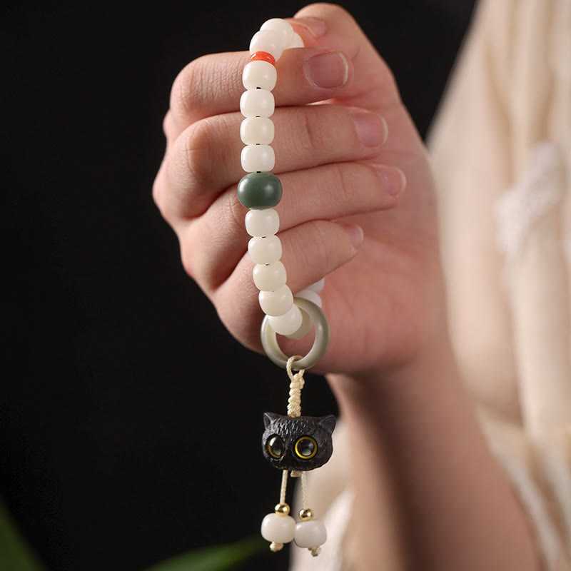 Wear FengShui Natural Bodhi Seed African Blackwood Lovely Cat Charm Peace Harmony Bracelet