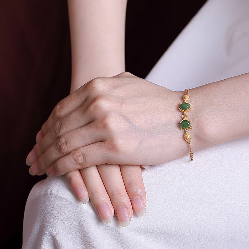 Wear FengShui 925 Sterling Silver Natural Hetian White Jade Cyan Jade Lovely Fox Luck Bracelet