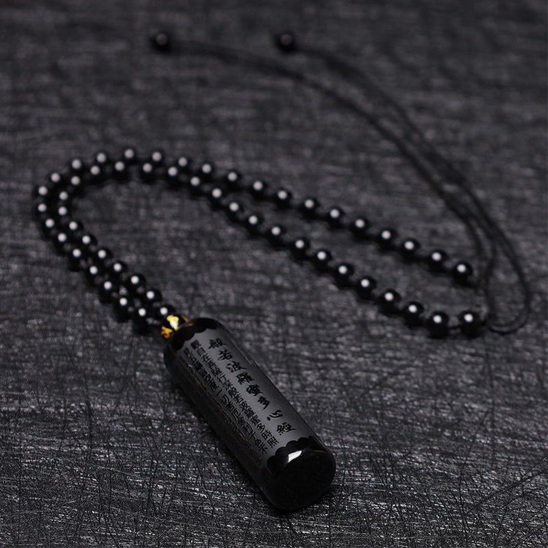 Wear FengShui Natural Black Obsidian Heart Sutra Purification Necklace Pendant