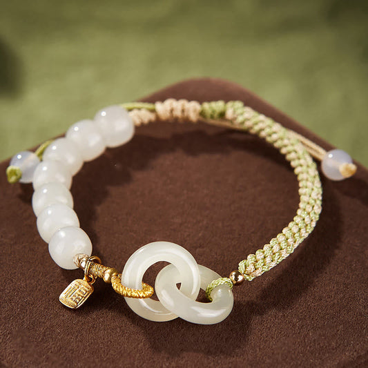 Wear FengShui Natural Hetian Jade Bead Double Peace Buckle Fu Character Abundance Braided Bracelet