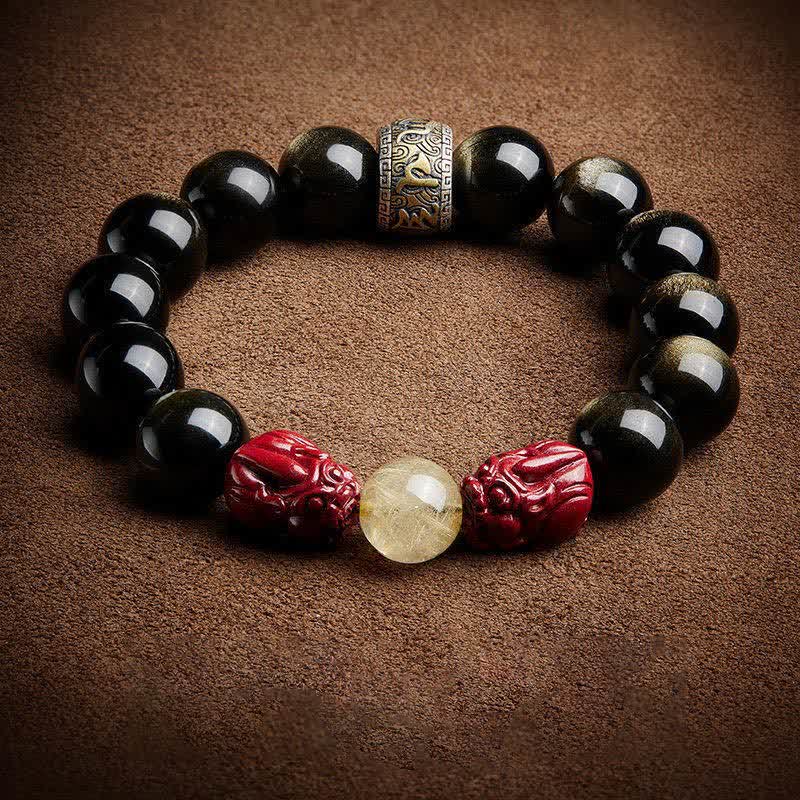 Wear FengShui Gold Sheen Obsidian PiXiu Cinnabar Om Mani Padme Hum Protection Bracelet
