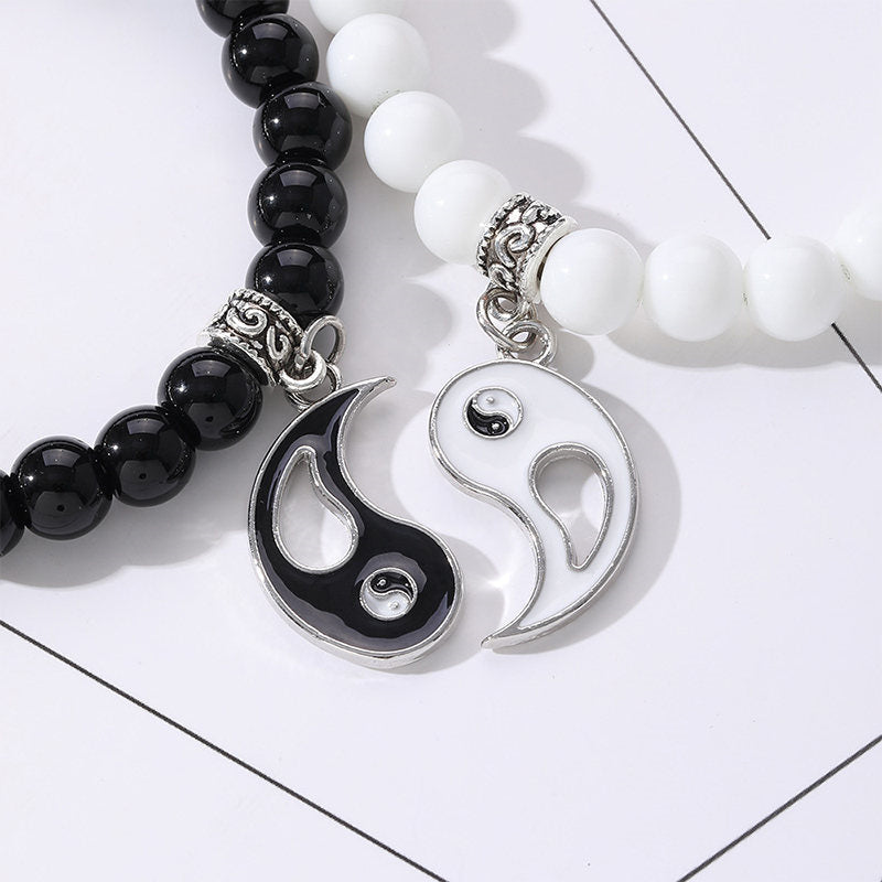 Wear FengShui 2Pcs Black Onyx White Turquoise Bead Yin Yang Protection Couple Bracelet