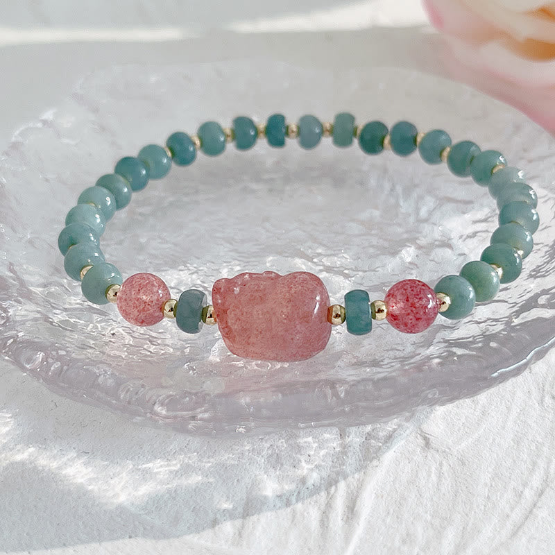 Wear FengShui Natural Hetian Jade Pearl Peace Buckle Fu Character Gourd Money Bag Strawberry Quartz PiXiu Luck Bracelet