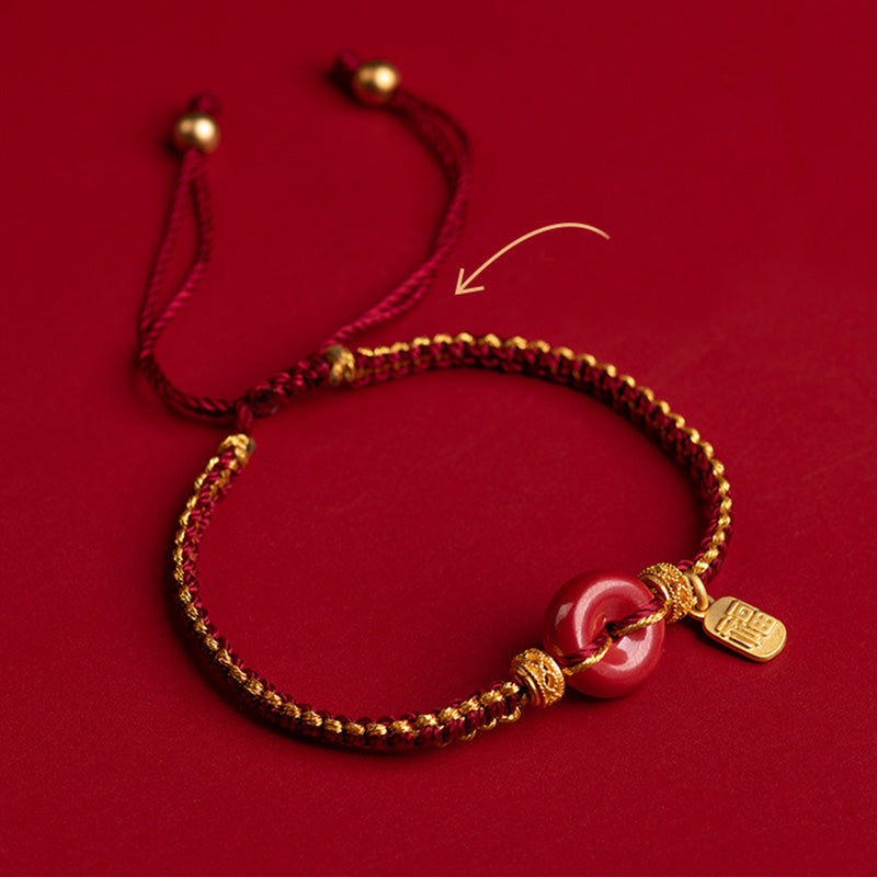 Wear FengShui Natural Cinnabar Peace Buckle Fu Character Charm Blessing Braided Bracelet