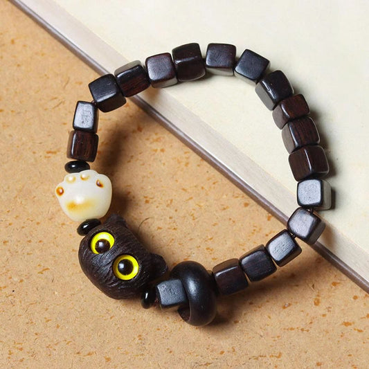 Wear FengShui Ebony Wood Cute Cat Bodhi Seed Paw Claw Square Beads Calm Bracelet