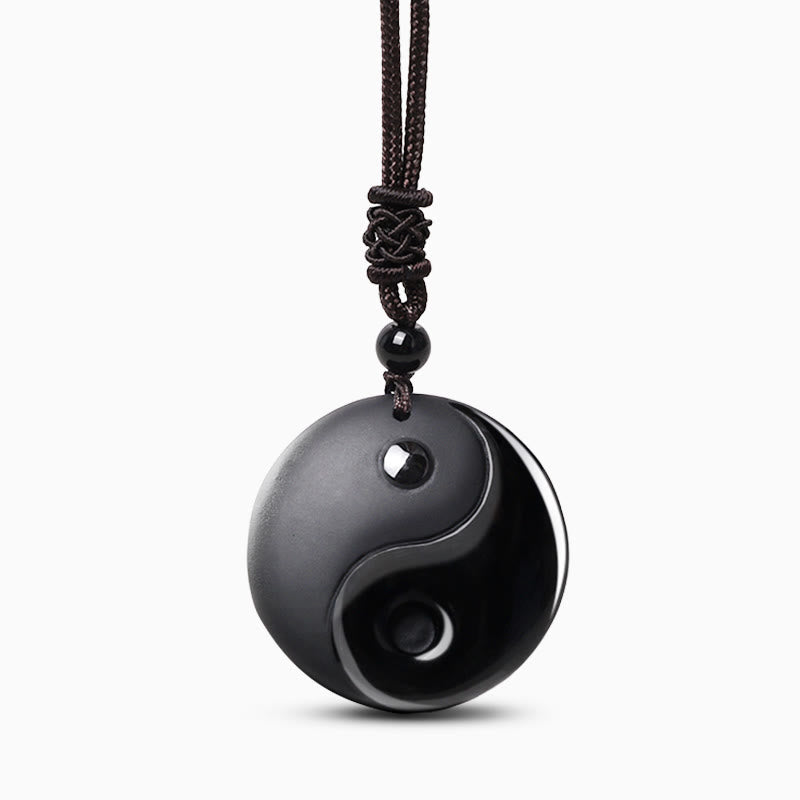 Wear FengShui Black Obsidian Taoism Five Sacred Mountains Nine-Character Mantra Carved Purification Yin Yang Necklace Pendant