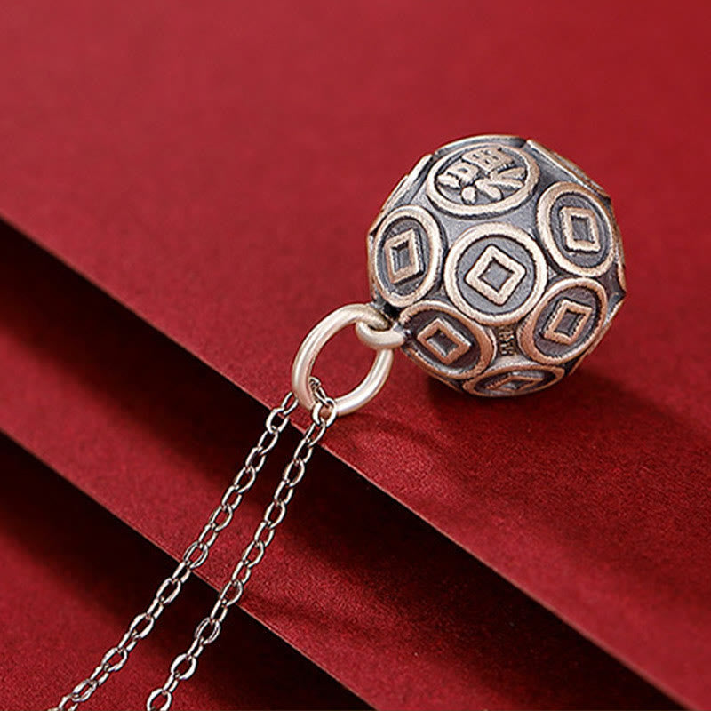 Wear FengShui 990 Sterling Silver Fu Character Copper Coin Luck Fortune Chain Necklace Pendant