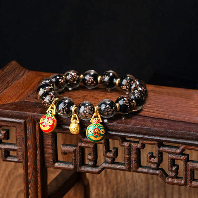 Wear FengShui Gold Swallowing Beast Family Charm Luminous Fluorescent Liuli Glass Bead Success Bracelet