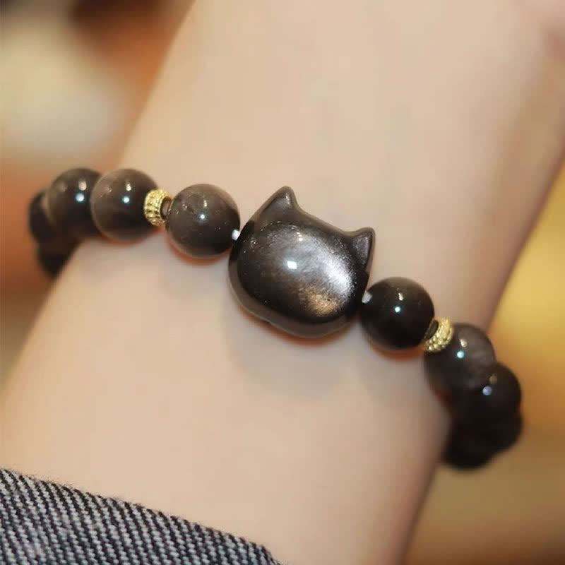 Wear FengShui Gold Sheen Obsidian Silver Sheen Obsidian Lovely Paw Lucky Cat Protection Bracelet