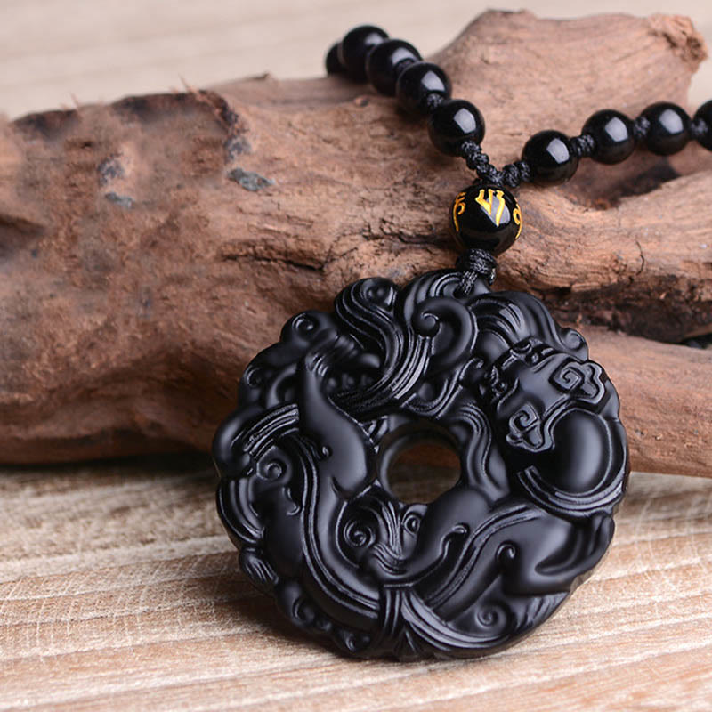 Wear FengShui Natural Black Obsidian Peace Buckle Pixiu Purification Necklace Pendant