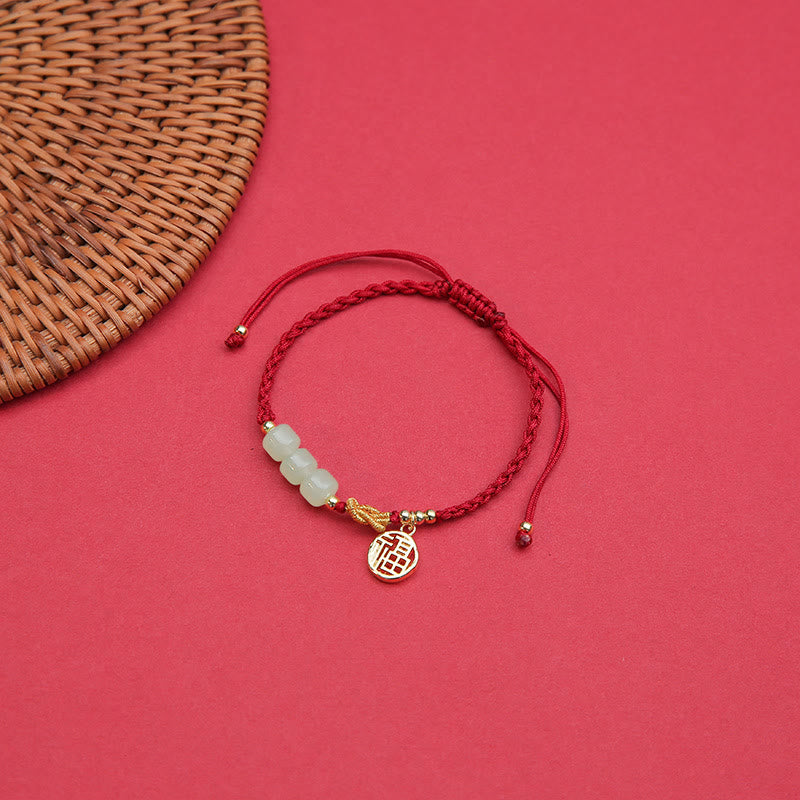 Wear FengShui Handcrafted Jade Bead Fu Character Charm Luck Red Rope Bracelet