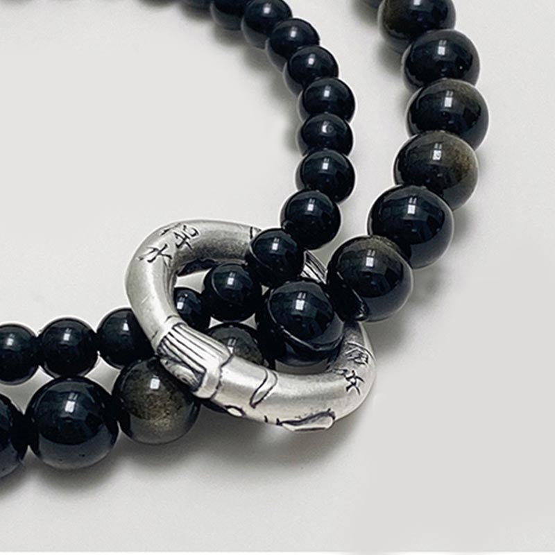 Wear FengShui 999 Sterling Silver Black Obsidian Fulfillment Strength Double Layer Bracelet