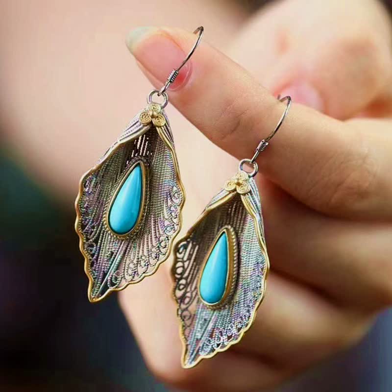 Wear FengShui 925 Sterling Silver Turquoise Bodhi Leaf Pattern Protection Drop Dangle Earrings