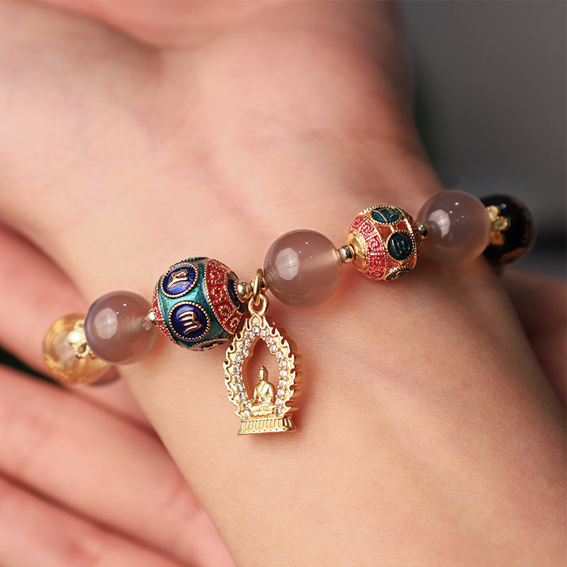 Wear FengShui Natural Gray Agate Five Directions Gods of Wealth Om Mani Padme Hum Buddha Charm Bracelet